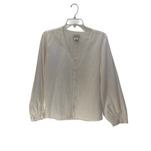 Laura Ashley Womens White Linen Cotton Blend V-neck Button Shirt Top Medium NWOT
